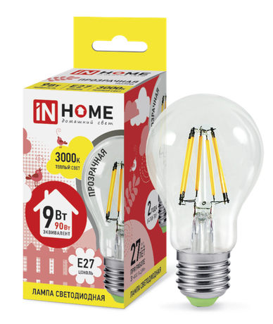 Лампа светодиодная LED-A60-deco 9Вт грушевидная прозрачная 3000К тепл. бел. E27 1040лм 230В IN HOME 4690612008066
