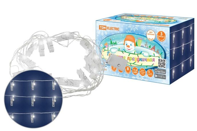 Гирлянда светодиодная "Прищепки" 3 м, 15LED, белый, 8 режимов, 250 В, IP20 | SQ0361-0093 TDM