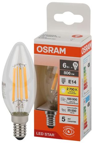 Лампа светодиодная филаментная LSCLB75 6W/827 230VFILCL 6Вт 2700К тепл. бел. E14 806лм B угол пучка 300град. 220-240В (замена 75Вт) прозр. стекло OSRAM 4058075684812