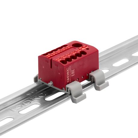 Блок распределительный с гориз. адаптером на рейку шириной 35мм, зажим push-in, 1 ввод 6 кв.мм, 10 точек подключения 2,5 красный - DTP1-110-104SPUR-H ДКС