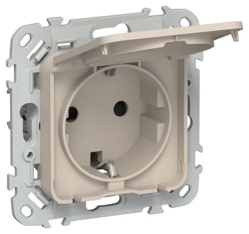 Розетка СП FLITE РСшкр11-1-44-ФлЛ 16А IP44 с заземл. защ. шторками и крышкой безвинтовое крепление механизм льняной IEK FI-R16-16-1-44-K88 IEK арт. FI-R16-16-1-44-K88