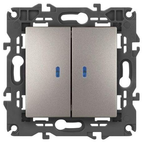 Выключатель двухклавишный, в рамку (скрытого монтажа) с подсветкой титан 10А 250В автоматические (безвинтовые) зажимы ЭРА Elegance 14-1105-16 - Б0065789