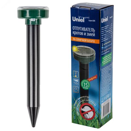 Устройство для отпугивания кротов и змей UDR-S20 SOL GREEN , на солнечной батарее. Постоянная частота вибрации. Аккумулятор в/к. IP44. Зеленый. TM - UL-00010412 Uniel