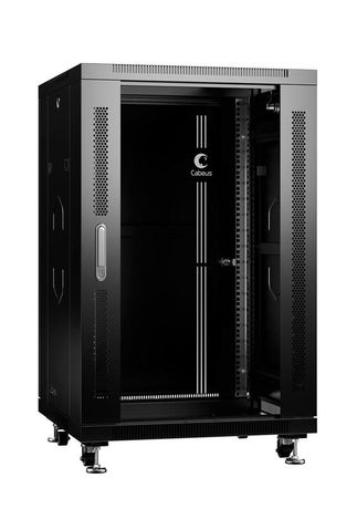 Шкаф монтажный телекоммуникационный напольный SH-05C-18U60/60-BK 19дюйм для распред. и серверн. оборудования 18U 600х600х988мм передн. стеклян. задн. сплошн. метал. двери ручка с замком черн. (RAL 9004) Cabeus 8555c