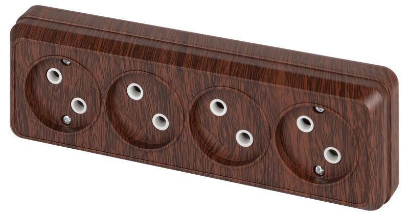 Розетка однофазная четырехместная наружная (открытой установки) без шторок венге 16А 250В IP20 2-207-10 Intro Quadro - Б0053833 ЭРА