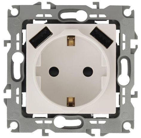 Розетка 2P+E 16A-250В, штор. с 2xUSB 5В-3А, Эра12, слоновая кость (10/100/2000) 12-4109-02 - Б0047841