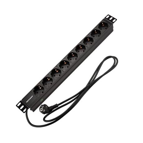 Блок распределения питания для 19дюйм шкафов; горизонт.; 9 розеток СЕЕ 7/4; 16А; без выключателя; вилка 7/7; шнур 2м; корпус алюм. Rexant 04-0105-1 MEET