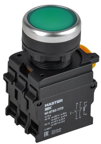 Кнопка с подсвет. и фикс. d=22мм 1NO+1NC зелёная MASTER | MI-BT60-11TD-3-11-K06 IEK