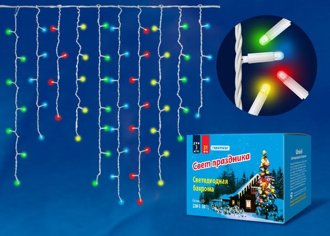 Гирлянда "Бахрома" светодиодная ULD-B3010-200/TWK MULTI IP67 с эффектом мерцания 3м соединяемая 200 светодиодов свет разноцветный провод бел. Uniel UL-00002272