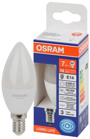 Лампа светодиодная свеча LED 7Вт Е14 4000К 600Лм 170-250В (замена 60Вт) OSRAM - 4099854186271