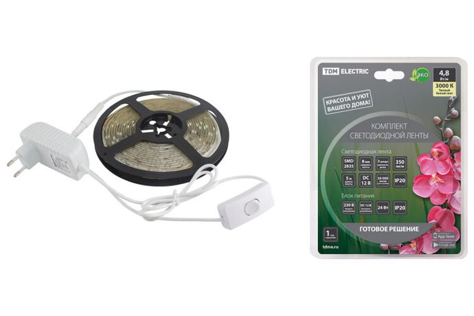Комплект светодиодной ленты SMD2835-60 LED/м-12 В-4,8 Вт/м-IP20-3000 К (5 м), 24 Вт | SQ0331-0220 TDM