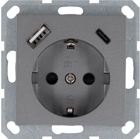 Розетка Shuko 16А с заземл. защ. шторки 2-мя заряд. устройствами USB тип A+C 25Вт механизм алюм. Jasmart G5501USB-25S