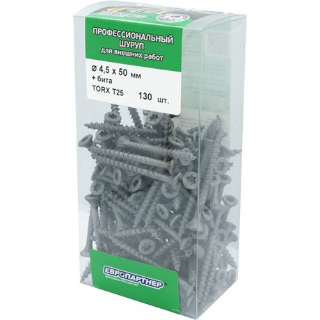 Саморез конструкционный по дереву 4,5X50 TX 25 потайная головка, коррозионностойкий, с битой (130 шт.) - B3 0066 Европартнер