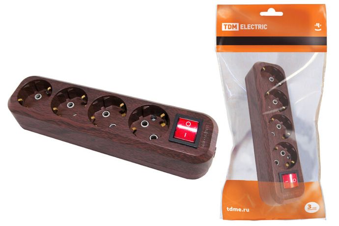 Колодка розеточная 4 гнезда 2П+3 с выключателем16А 250В "Эко" (бук) | SQ1806-0066 TDM