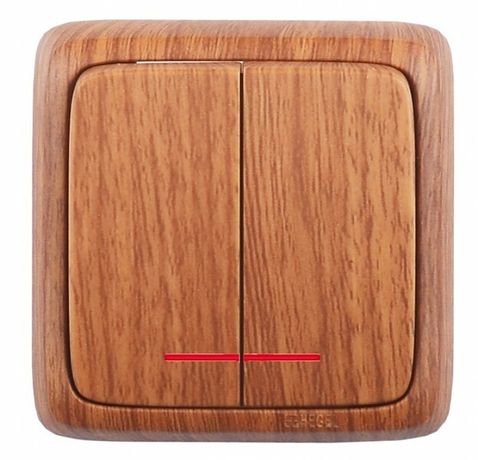 Выключатель двухклавишный наружный с изоляционной пластиной индикацией дуб 16А - ВА16-154-05 HEGEL