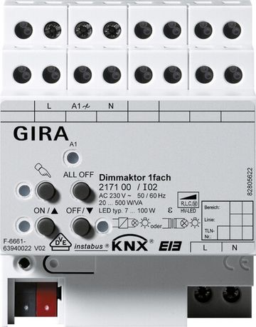 Светорегулятор универсальный 1-канальный 20-500 ВА DIN-рейка Gira KNX 217100