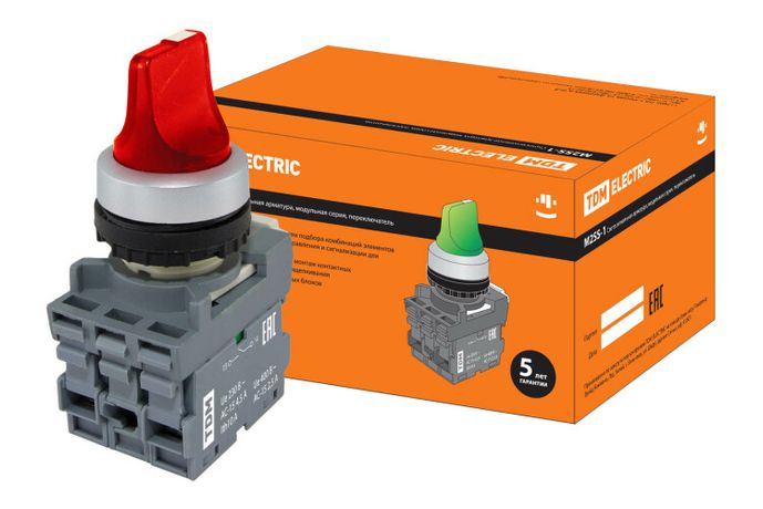 Переключатель на 2 положения с фиксацией M2SS1-21R короткая ручка(LED) d22мм/220B 1з+1р красный | SQ0747-0070 TDM