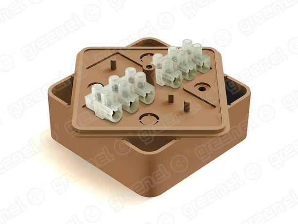 Коробка распределительная для о/п 75х75х28мм с клеммной колодкой ЗВИ-5 (1,5-4мм2) 6 клемм, IP40, цвет -ОРЕХ (80шт) | GE41216-14 GREENEL