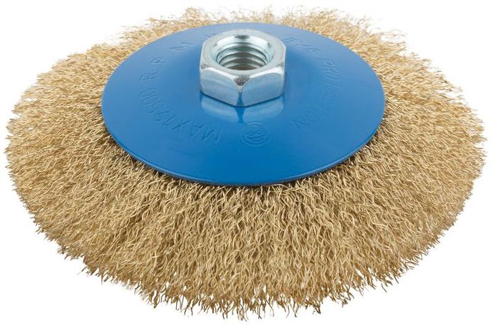Корщетка тип "колесо" с наклоном гайка М14 стальная волнистая латунированная проволока 125мм MOS 38928М