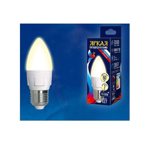 Лампа светодиодная LED-C37 7W/WW/E27/FR PLP01WH форма "свеча" мат. серия "ЯРКАЯ" свет теплый бел. 3000К упак. картон Uniel UL-00002414