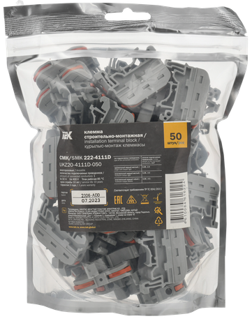 Строительно-монтажная клемма СМК 222-4111D проходная на DIN-рейку (50шт/упак) IEK - UKZ20-4111D-050