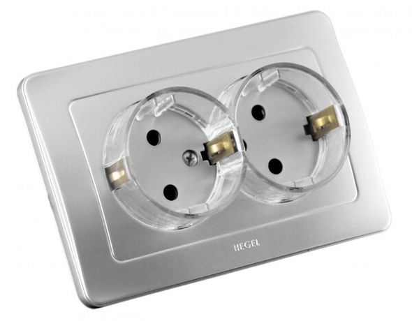 Розетка двойная скрытая с заземлением (стакан) серебро - РС16-381-06 HEGEL