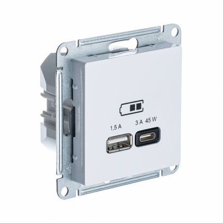 Розетка USB AtlasDesign тип A+C 45Вт QC PD высокоскор. ЗУ механизм бел. SE ATN000129 APC
