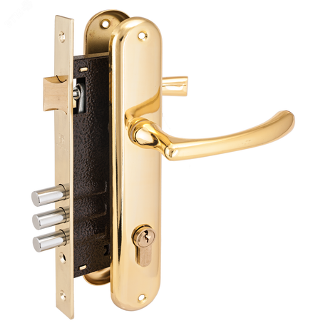 Замок врезной цилиндровый с ручками для деревянных дверей, АЛЛЮР 0221 GP латунь - 1029 ПТК