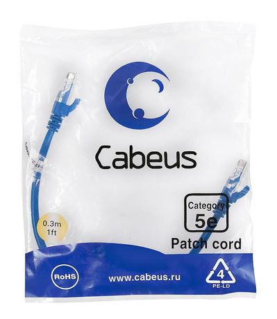 Патч-корд PC-UTP-RJ45-Cat.5e-0.3m-BL U/UTP, категория 5е, 2xRJ45/8p8c, неэкранированный, синий, PVC, 0.3м - 7662c Cabeus