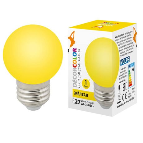 Лампа декоративная светодиодная LED-G45-1W/YELLOW/E27/FR/С Форма шар матовая. Цвет желтый Картон ТМ Volpe - UL-00005649 Uniel