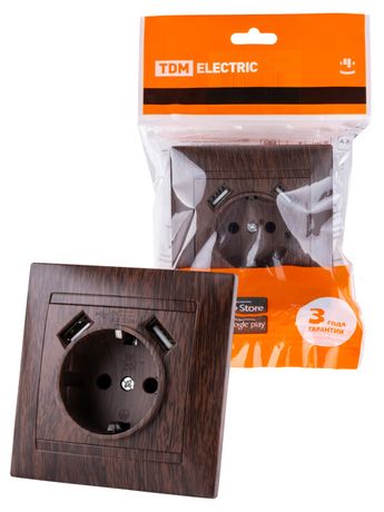 Розетка 2П+З 16А 250В + 2 USB порта 2,1А 5В венге "Лама" | SQ1815-0442 TDM