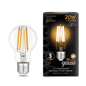 Лампа светодиодная филаментная LED 20 Вт 1800 лм 2700К AC185-265В E27 А60 (груша) теплая Black Filament Gauss - 102902120