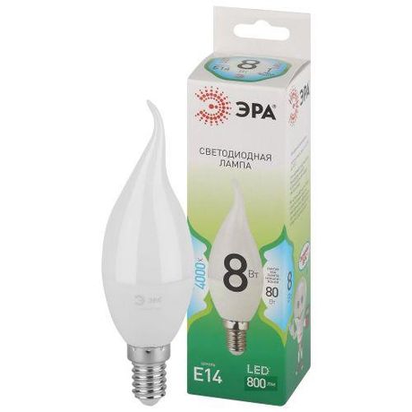 Лампа светодиодная GREEN LINE LED BXS-8W-840-E14 GL E14 8 Вт свеча на ветру яркий белый свет | Б0067114 ЭРА