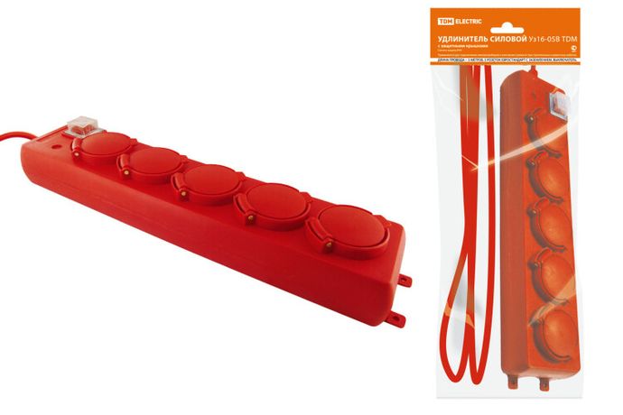 Удлинитель силовой Уз16-05В (с крышками IP44, выключатель, 5 мест/5м ПВС 3х1,0) | SQ1302-0016 TDM