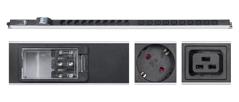 Блок розеток для 19дюйм шкафов PDU-16-10S-10C19-B-T вертик. 10 Schuko IEC 320 C19 16А автомат защиты алюм. корпус клем. колодка Cabeus 9549c