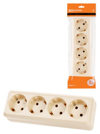 Розетка 4-х местная горизонтальная 2П+3 открытой установки IP20 16A сл. кость "Ладога" | SQ1801-0230 TDM