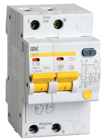 Выключатель автоматический дифференциального тока АД12 2п 10А C 30мА тип AC (3 мод) | MAD10-2-010-C-030 IEK