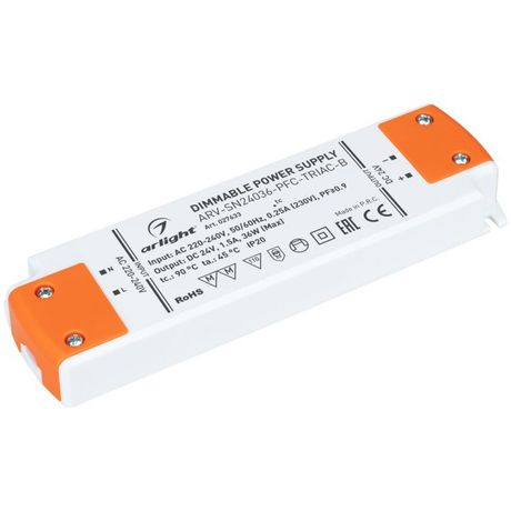 Блок питания ARV-SN24036-PFC-TRIAC-B (24V, 1.5A, 36W) (Arlight, IP20 Пластик, 3 года) - 027633