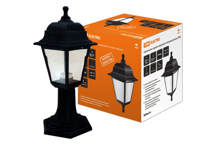 Светильник садово-парковый НТУ 04-60-001 60Вт ЛН/КЛЛ/LED Е27 IP44 четырехгранник, стойка, пластик, черный | SQ0330-0705 TDM