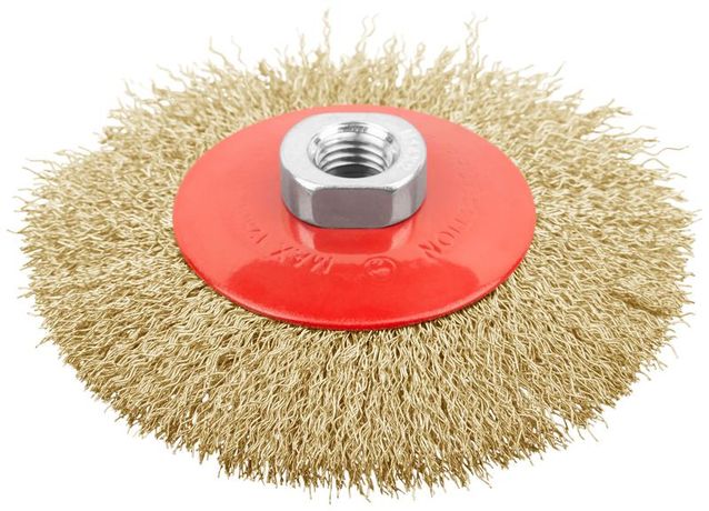Кордщетка-колесо с наклоном, гайка М14, стальная волнистая латунированная проволока 115 мм - 39051 РОС