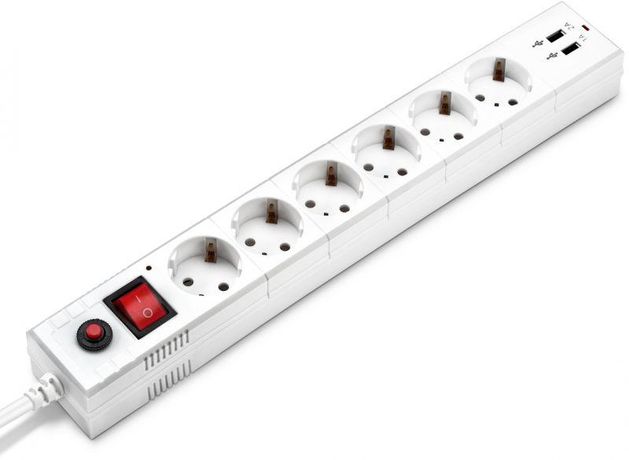 Удлинитель с сетевым фильтром 6х1.8м заземл. 10А IP20 BU-SP1.8_USB_2A-W 2.2кВт CCA бел. BURO 992309