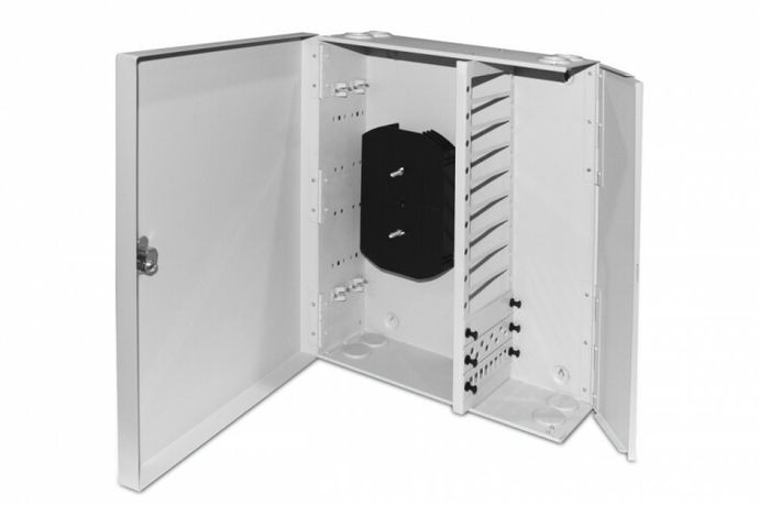 Бокс оптический FO-WBX-12хSLT-W140H42-96UN-GY универс. настенный от 8 до 96 портов (SC duplex LC ST FC) (со спайс. пласт. без пигтейлов. и прох. адапт.) сер. Hyperline 250445