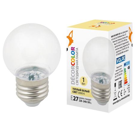 Лампа декоративная светодиодная LED-G45-1W/3000K/E27/CL/С. Форма шар, прозрачная. Теплый белый свет (3000K). Картон. ТМ Volpe - UL-00005807 Uniel