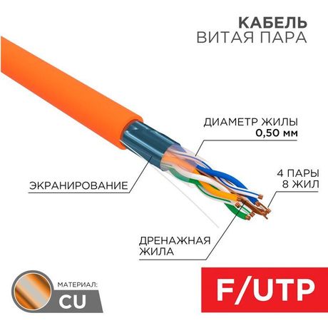 Кабель витая пара F/UTP кат.5e 4х2х24AWG solid ZH нг(А)-HF INDOOR оранж. (м) Rexant 01-0150 MEET