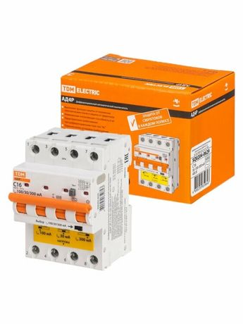 Выключатель автоматический диффренциального тока АД4P 4Р С16 30-100-300мА 6кА тип АС | SQ0204-0629 TDM