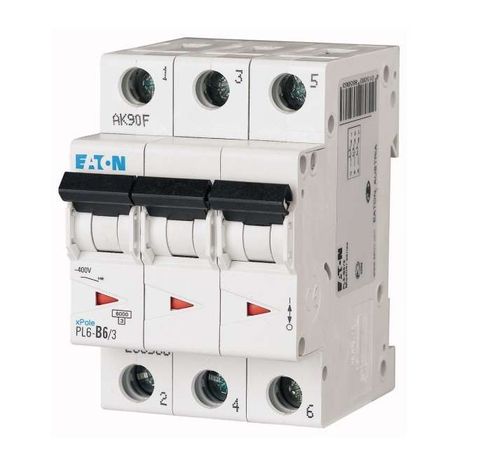 Выключатель автоматический 6А кривая отключения D 3 полюса отключающая способность 6 кА PL6-D6/3 - 286610 EATON