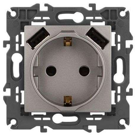Розетка Elegance 14-4109-16 2P+E 16A-250В, штор. с 2xUSB 5В-3А, титан | Б0065775 ЭРА