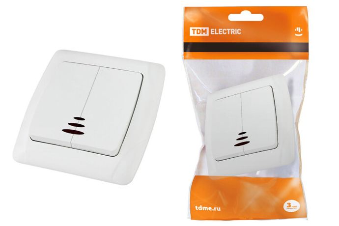 Выключатель двухклавишный с подсветкой 10А белый ''Онега'' - SQ1805-0005 TDM
