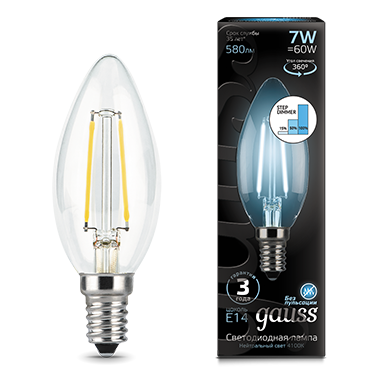 Лампа светодиодная филаментная LED 7 Вт 580 Лм 4100К E14 свеча белая шаговое диммирование Black Filament Gauss - 103801207-S