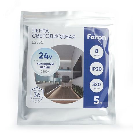 Лента светодиодная 320SMD(2110) 10Вт/м 24V 5000*8*1.8мм IP20 6500К, LS530 FERON | 48265